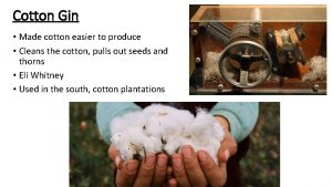 Cotton Gin Made cotton easier to produce Cleans
