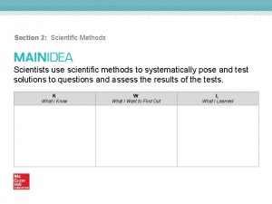 Section 2 Scientific Methods Scientists use scientific methods