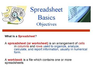 Spreadsheet Basics Objectives What is a Spreadsheet A