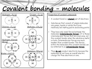 Covalent bonding molecules Hydrogen H 2 g Chlorine