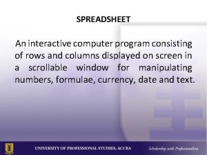SPREADSHEET An interactive computer program consisting of rows