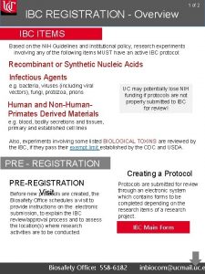 1 of 2 IBC REGISTRATION Overview IBC ITEMS