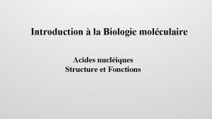 Introduction la Biologie molculaire Acides nucliques Structure et