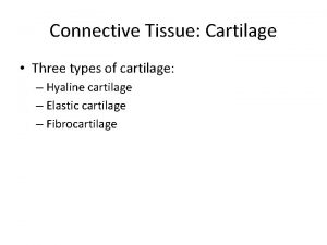 Connective Tissue Cartilage Three types of cartilage Hyaline