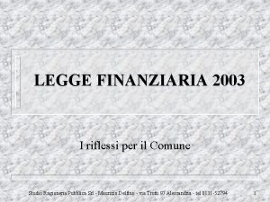 LEGGE FINANZIARIA 2003 I riflessi per il Comune