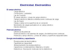 Electricidad Electrosttica El campo elctrico Carga elctrica Conductores