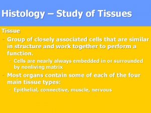 Histology Study of Tissues Tissue Group of closely