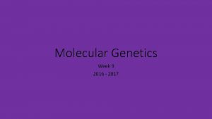Molecular Genetics Week 9 2016 2017 Chris Starr
