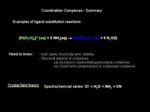 Coordination Complexes Summary Examples of ligand substitution reactions