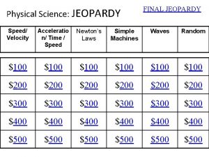 Physical Science JEOPARDY FINAL JEOPARDY Speed Velocity Acceleratio