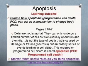 Apoptosis Learning outcome O Outline how apoptosis programmed