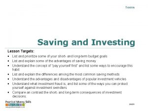 Teens Saving and Investing Lesson Targets List and