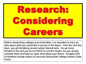 Research Considering Careers Before researching colleges and universities