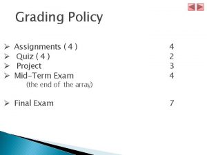 Grading Policy Assignments 4 Quiz 4 Project MidTerm Grading Policy Assignments 4 Quiz 4 Project MidTerm