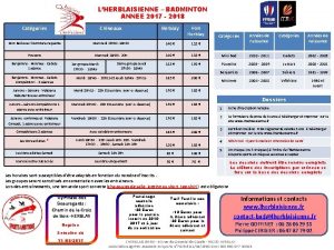 LHERBLAISIENNE BADMINTON ANNEE 2017 2018 Catgories Crneaux Herblay