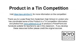 Product in a Tin Competition Visit https goo