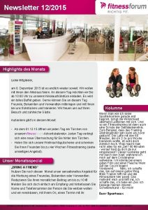 Newsletter 122015 Highlights des Monats Liebe Mitglieder am