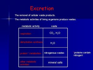 Excretion The removal of cellular waste products The