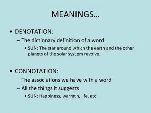 MEANINGS DENOTATION The dictionary definition of a word