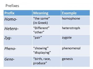 Prefixes Prefix Meaning Example Homo the same in