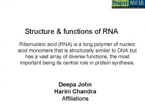 Structure functions of RNA Ribonucleic acid RNA is