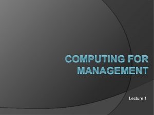 COMPUTING FOR MANAGEMENT Lecture 1 Professor Dr Sajjad