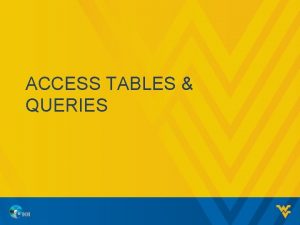 ACCESS TABLES QUERIES OBJECTIVES Create tables Establish table