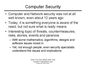 Computer Security Computer and Network security was not