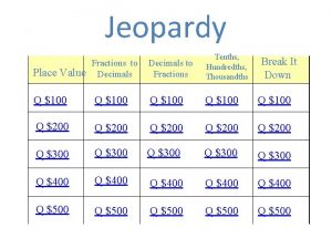 Jeopardy Place Value Fractions to Decimals to Fractions
