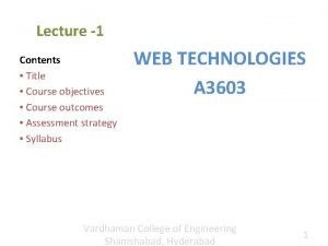 Lecture 1 Contents Title Course objectives Course outcomes