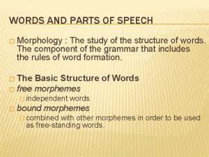 WORDS AND PARTS OF SPEECH Morphology The study