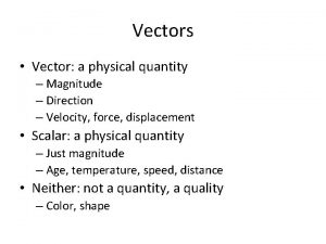 Vectors Vector a physical quantity Magnitude Direction Velocity