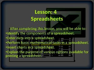 Lesson 4 Spreadsheets After completing this lesson you