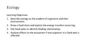 Ecology Learning Objectives 1 Describe ecology as the