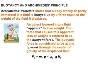BUOYANCY AND ARCHIMEDES PRINCIPLE Archimedes Principle states that