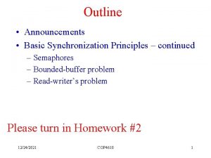 Outline Announcements Basic Synchronization Principles continued Semaphores Boundedbuffer