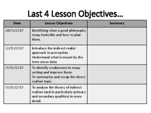 Last 4 Lesson Objectives Date Lesson Objectives 28092017