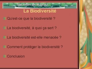 La Biodiversit Questce que la biodiversit La biodiversit