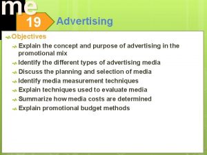 me 19 Advertising Objectives Explain the concept and