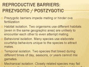 REPRODUCTIVE BARRIERS PREZYGOTIC POSTZYGOTIC Prezygotic barriers impede mating