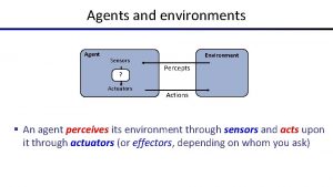 Agents and environments Agent Sensors Actuators Environment Percepts