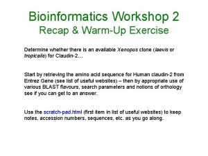 Bioinformatics Workshop 2 Recap WarmUp Exercise Determine whethere