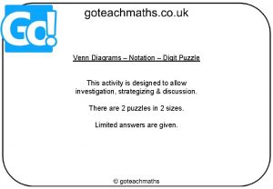 Venn Diagrams Notation Digit Puzzle This activity is