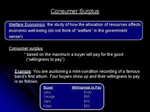Consumer Surplus Welfare Economics the study of how