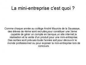 La minientreprise cest quoi Comme chaque anne au