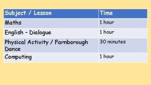 Subject Lesson Time Maths 1 hour English Dialogue