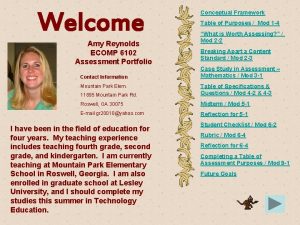 Welcome Amy Reynolds ECOMP 6102 Assessment Portfolio Contact