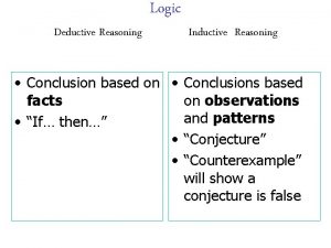 Deductive Reasoning Logic Inductive Reasoning Conclusion based on