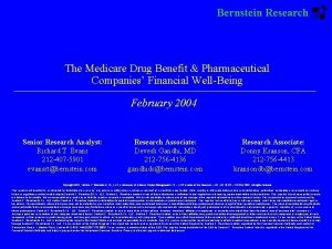 Bernstein Research The Medicare Drug Benefit Pharmaceutical Companies