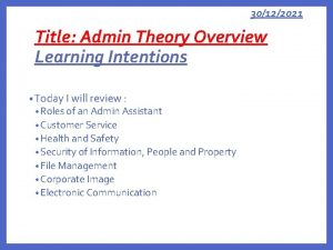 30122021 Title Admin Theory Overview Learning Intentions Today